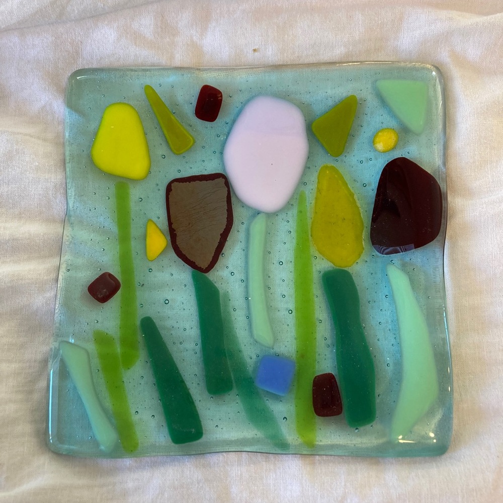 Spring Tulips Fused Art Glass  Handmade 6.5” Square Aqua Background Plate